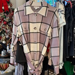 cupcakes & cashmere Plaid Cardigan in Purple and Cream